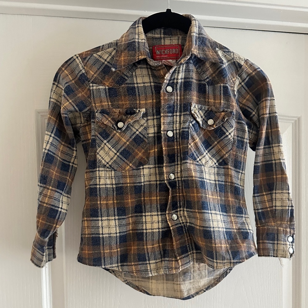 Vintage distressed Winford pearl snap brown and blue cotton flannel shirt size 8